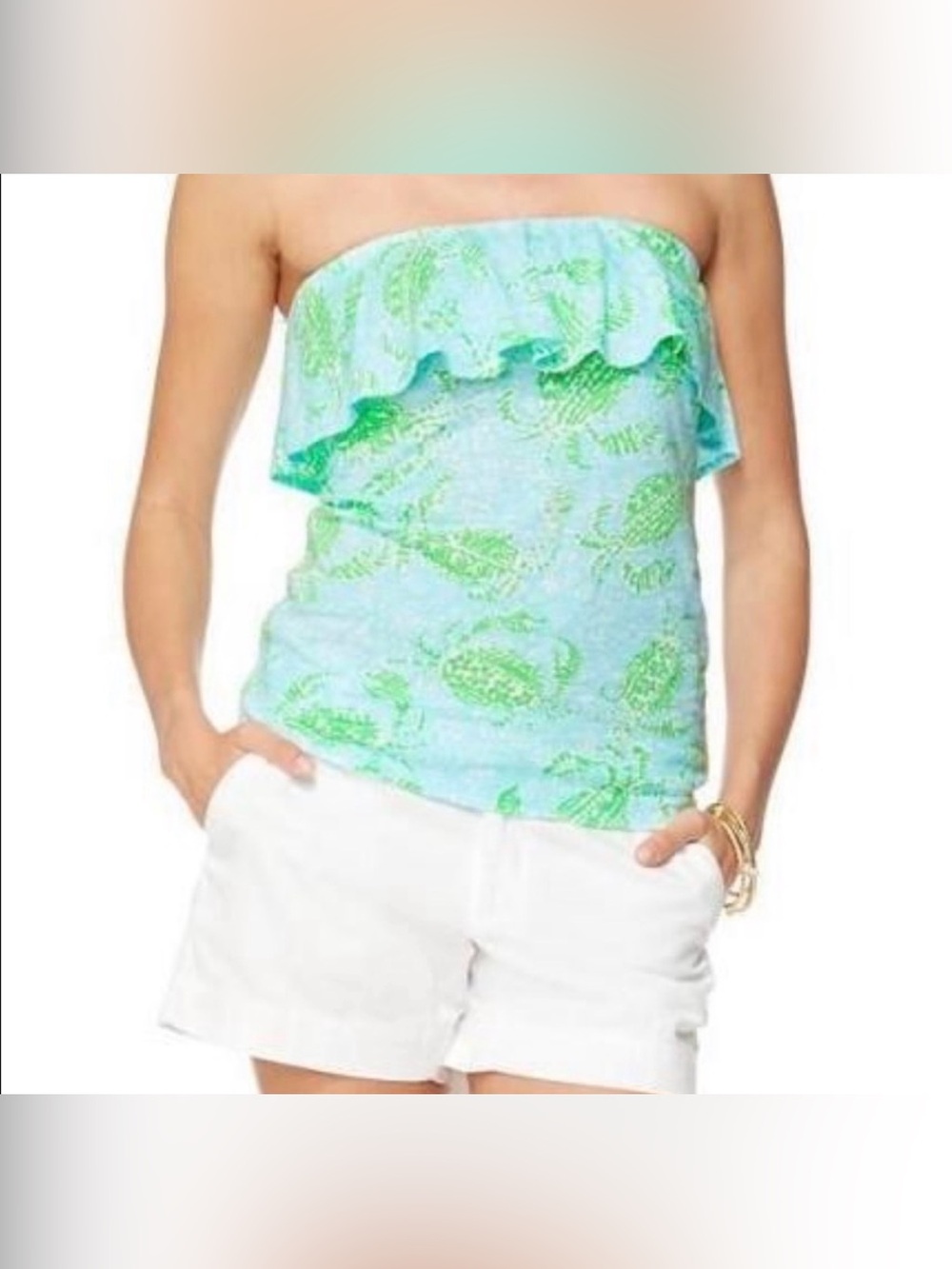 Lilly Pulitzer Blue Green Crab Paisley Strapless Ruffle Tube Top XL